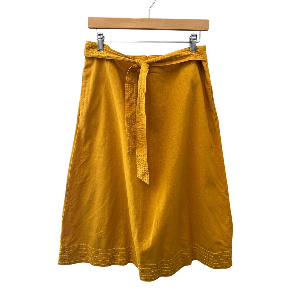 ALFANI Linen Blend Mustard Yellow Tie Waist A-Line Midi Skirt Petite NWT 12P